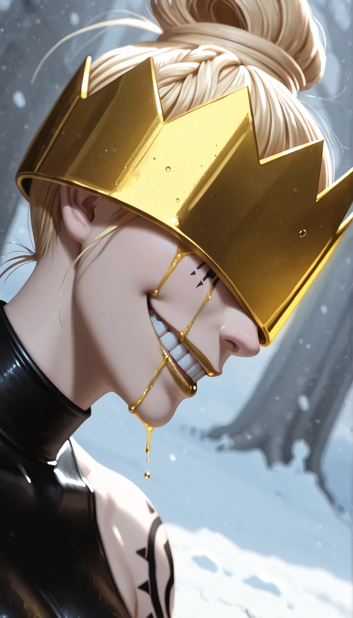 1 girl, masterpiece, better quality, dynamic lighting , dramatic lighting, blond hair, crown over the eyes, wide smile , Teeth, language, 1 girl,looking sideways,shy,Freezes,snow, close,Beauty,Composition,contrast with red eyes and blue hair,facial focus,Crying yellow tears,super detailed eyes,liquid gold,Dramatic scene ,Yellow blood,crown of blood on the head,crown of light on the head,facial tattoo,black tattoo of wild animals,golden lips