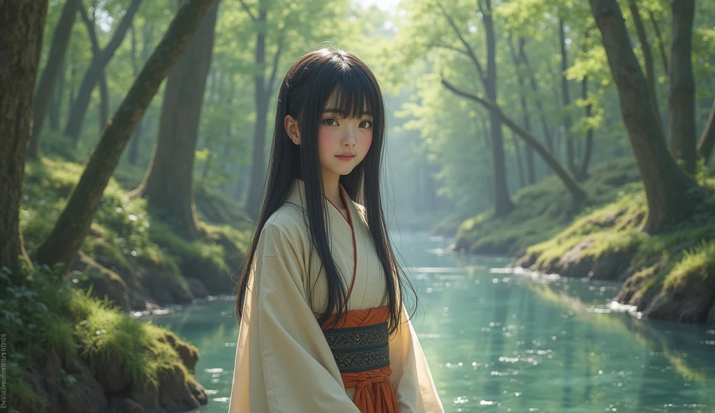 A REAL Oriental Japanese girl with 18 years old with lush beyond floor length black hair and see her "whole" thin body wearing thick lambswool traditional Wafuku standing nearby a hot spring inside the forest, must see her whole body. The scenario of forest shows spring view. This graph MUST see girl's "whole thin body", including facial expression like smile, black eye, nose, hands, legs, wearing thick lambswool traditional Wafuku, chest, buttock, with beyond floor length black hair, legs and shoes and whole thin bodies. REAL girl must has "thin body, legs, foot, "LUSH BEYOND FLOOR length hair and face with humanity smile and body" with streamline. Show her front side with happy smile and lush beyond floor length black hair.