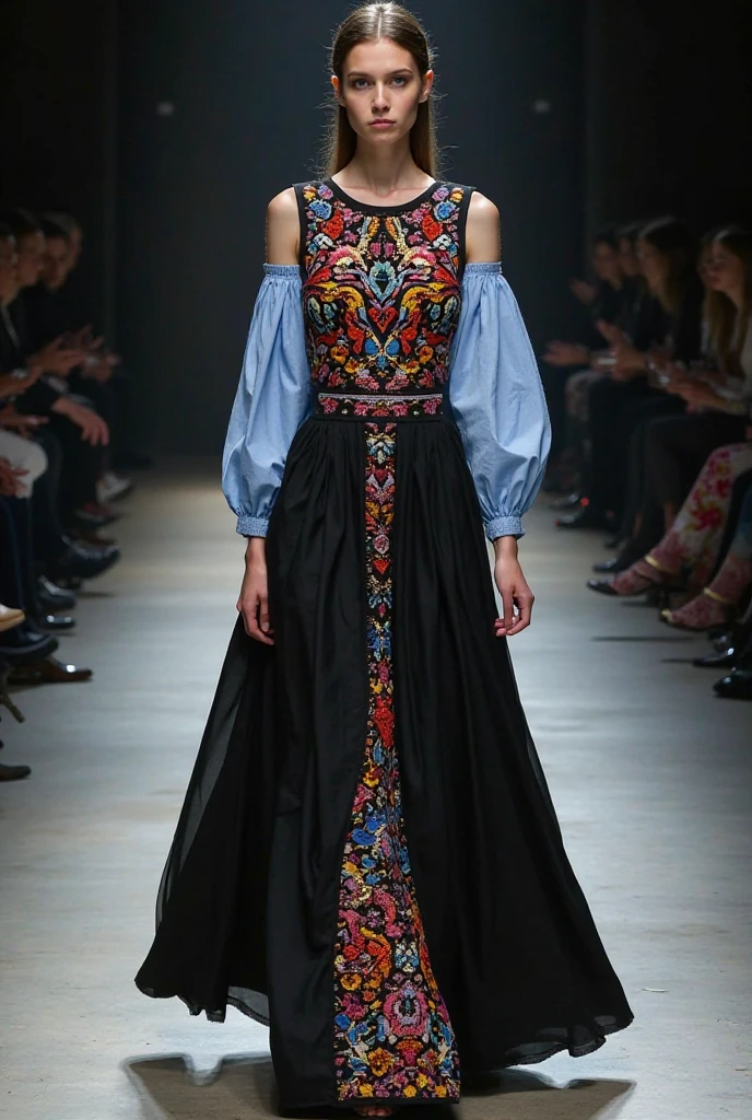 Fashion catwalk with three models, one dressed in Mexican independence clothes, another with a Halloween costume of a witch and another of a catrina, modeling