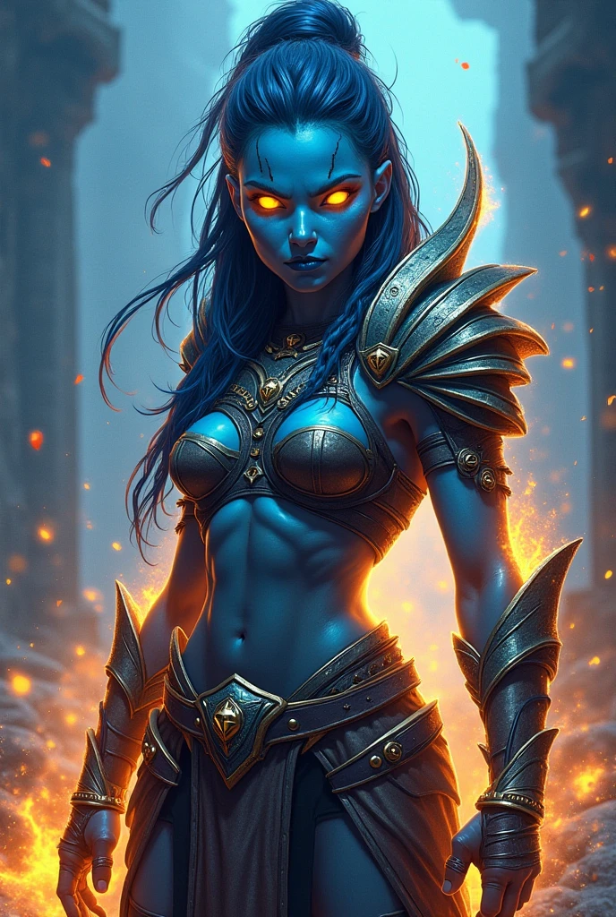Destiny, the light blue Tiefling from Dungeons and Dragons, best quality, ultra-detailed CG unity 8k wallpaper, raging anger, high resolution, dynamic pose, beautiful face, 2 demon horns (glowing purple and black eyes:1.2, black and purple pixie hair:1.3, ragged clothes, small breasts:1.8, bare midriff, bare hands, bare arms, bare legs, bare shoulders), depth of field, firey hellscape, dark light, night time), (high fantasy), weilding a waraxe, (abs:1.5), (muscular:1.8), (light blue skin:1.2)