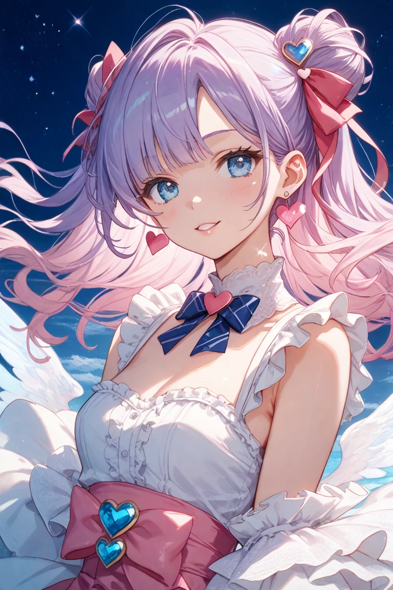 A fluffy light purple bunny cotton candy Num with an excited expression and very pale, pink cheeks. She wears a pastel yellow bow on her ears and has a big, fluffy hair extension SPARKLE; GLITTER