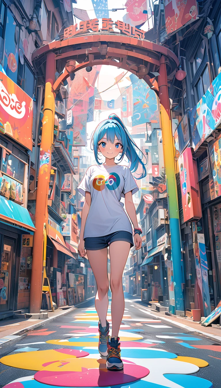 (masterpiece, top quality, Official Art:1.2), (colorful), blue and white paint circle logo, girl standing in front of logo, High Pony, cute, smile, Place one hand on one's hip, stand with legs slightly open, I have a roller, paint, white t-shirt, there is a bucket filled with paint next to the girl,from the front, wide shot, details, 8k anime style, digital anime art,anime style illustration