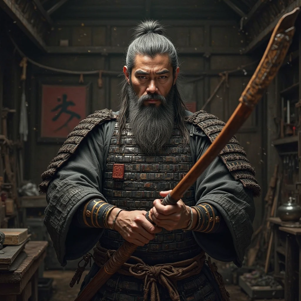  male, Gray Hair, Beard,  youth, samurai, , bow, 　Blacksmith