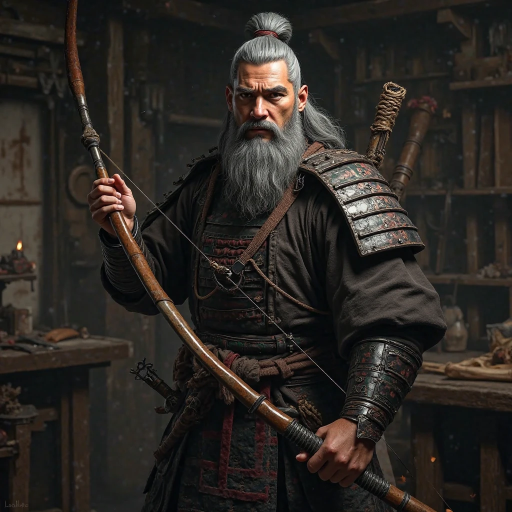  male, Gray Hair, Beard,  youth, samurai, , bow, 　Blacksmith