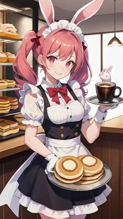 best quality, (masterpiece:1.2), highly detailed, 1girl, solo,
medieval, restaurant,
<lora:chara_GATEJietai_Delilah_v1:0.8>, delilah, standing, open mouth, smile, holding tray,
orange hair, long hair, rabbit ears, blue eyes, rabbit tail,
red dress, puffy sleeves, short sleeves, cleavage
