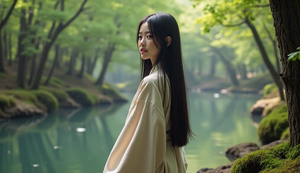 A REAL Oriental Japanese girl with 18 years old with lush beyond floor length black hair and see her "whole" thin body wearing thick lambswool traditional Wafuku standing nearby a hot spring inside the forest, must see her whole body. The scenario of forest shows spring view. This graph MUST see girl's "whole thin body", including facial expression like smile, black eye, nose, hands, legs, wearing thick lambswool traditional Wafuku, , buttock, with beyond floor length black hair, legs and shoes and whole thin bodies. REAL girl must has "thin body, legs, foot, "LUSH BEYOND FLOOR length hair and face with humanity smile and body" with streamline. Show her front side with happy smile and lush beyond floor length black hair.