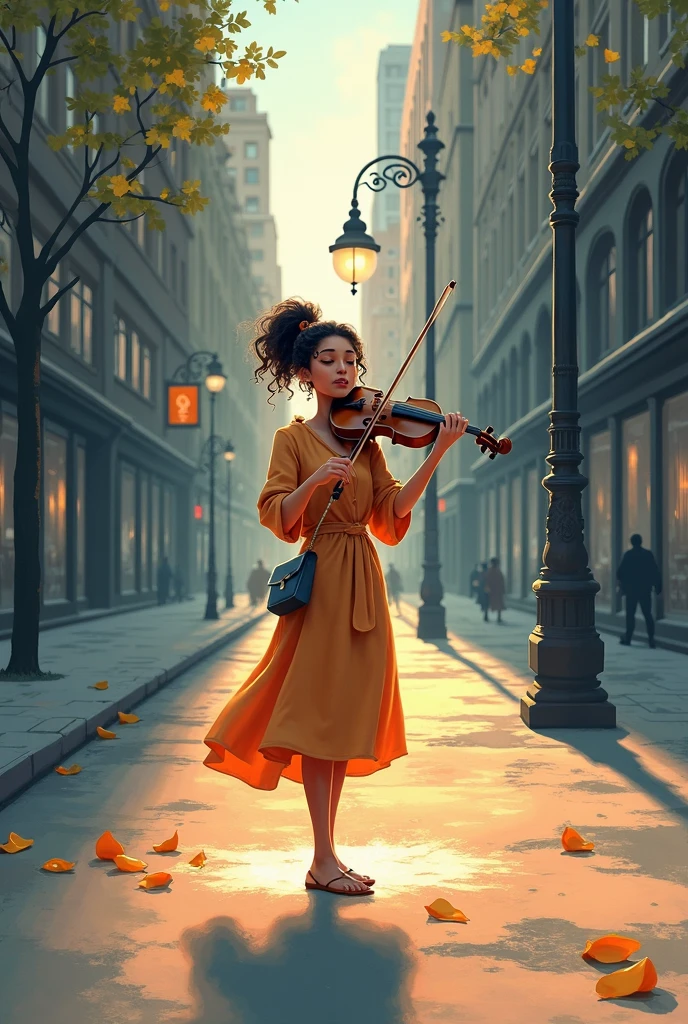 A street artist plays the violin on an empty sidewalk. Sem plateia, she closes her eyes and plays for God. A soft light illuminates the ground around her, As if heaven were listening to her.
Disney/Pixar-style art