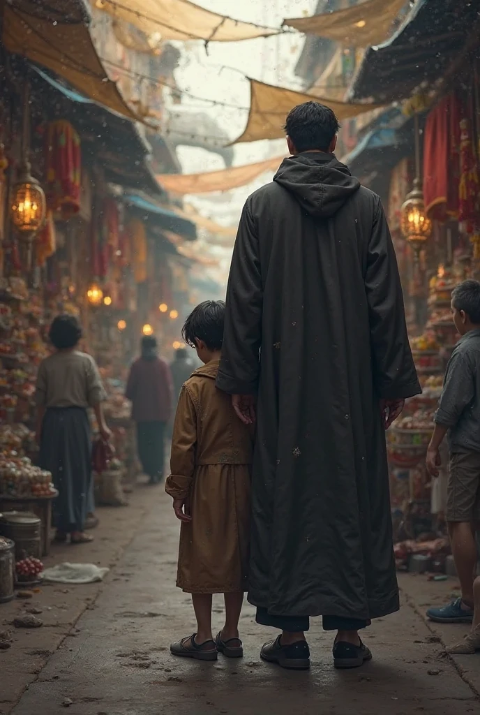 A sad  looking down silently, standing beside his father, in a crowded marketplace