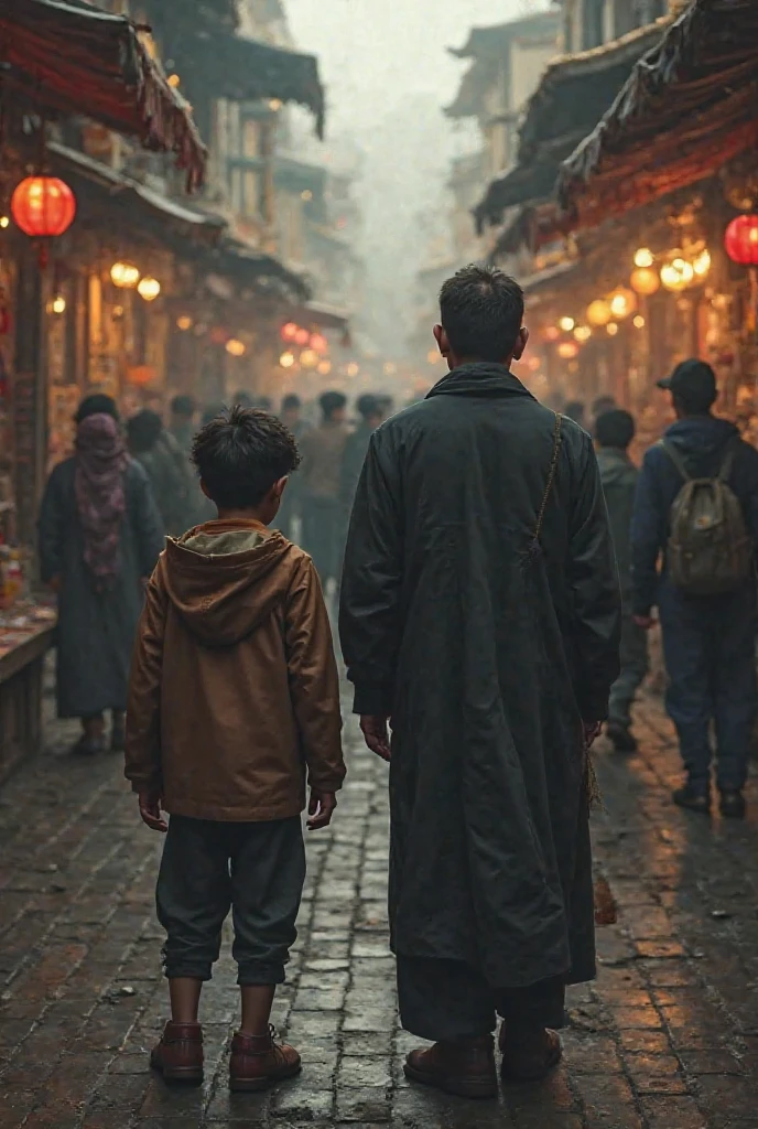 A sad  looking down silently, standing beside his father, in a crowded marketplace