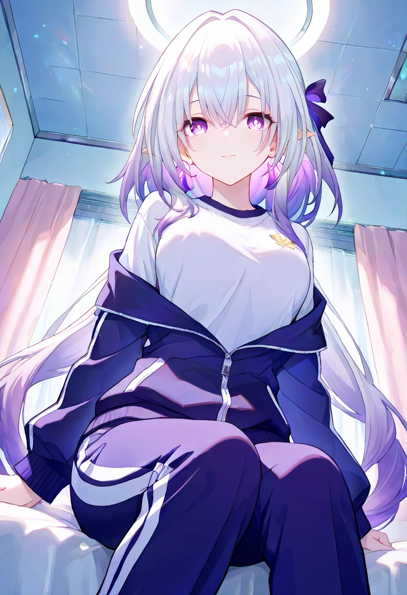 ultra-detailed,(best quality),((masterpiece)),(highres),original,extremely, 1girl, castorice \(honkai star rail\), junior high school student, beautiful girl, long hair, bangs, not hair ornament, purple eyes, white hair, looking at viewer, track suit, slender body, closed mouth, middle breast, five fingers, love, pure, NSFW, from below, Light color, fantastic, school infirmary,sitting on the bed,