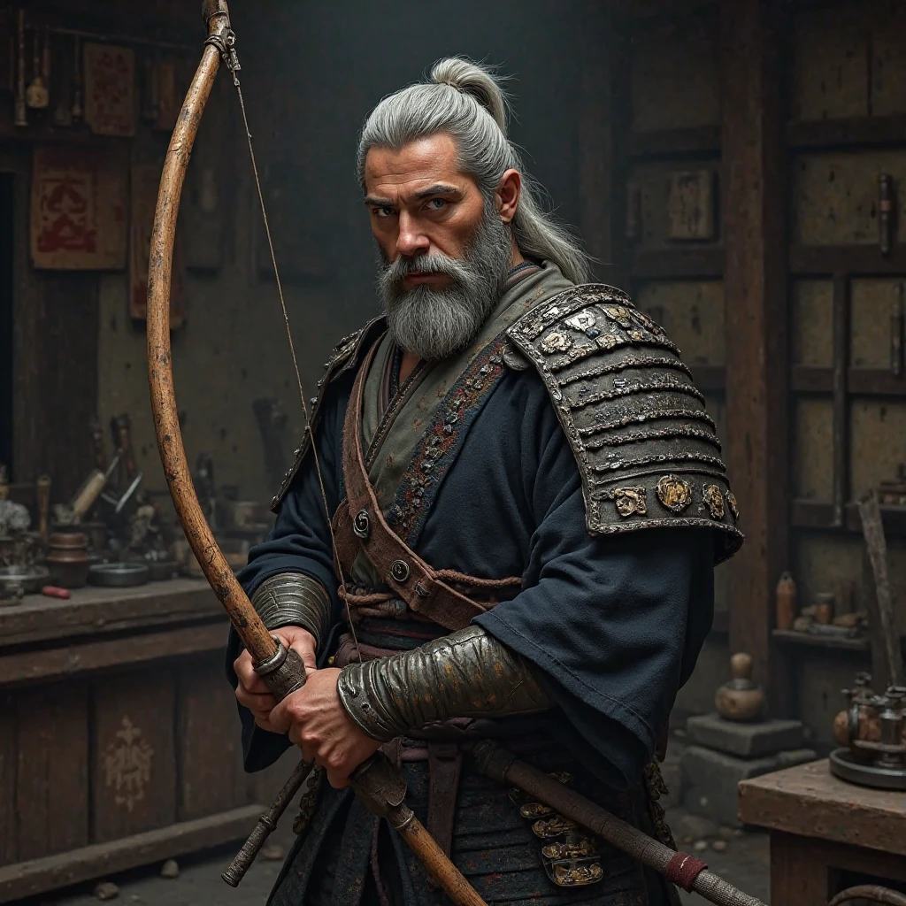  male, Gray Hair, Beard,  youth, samurai, , bow, 　Blacksmith