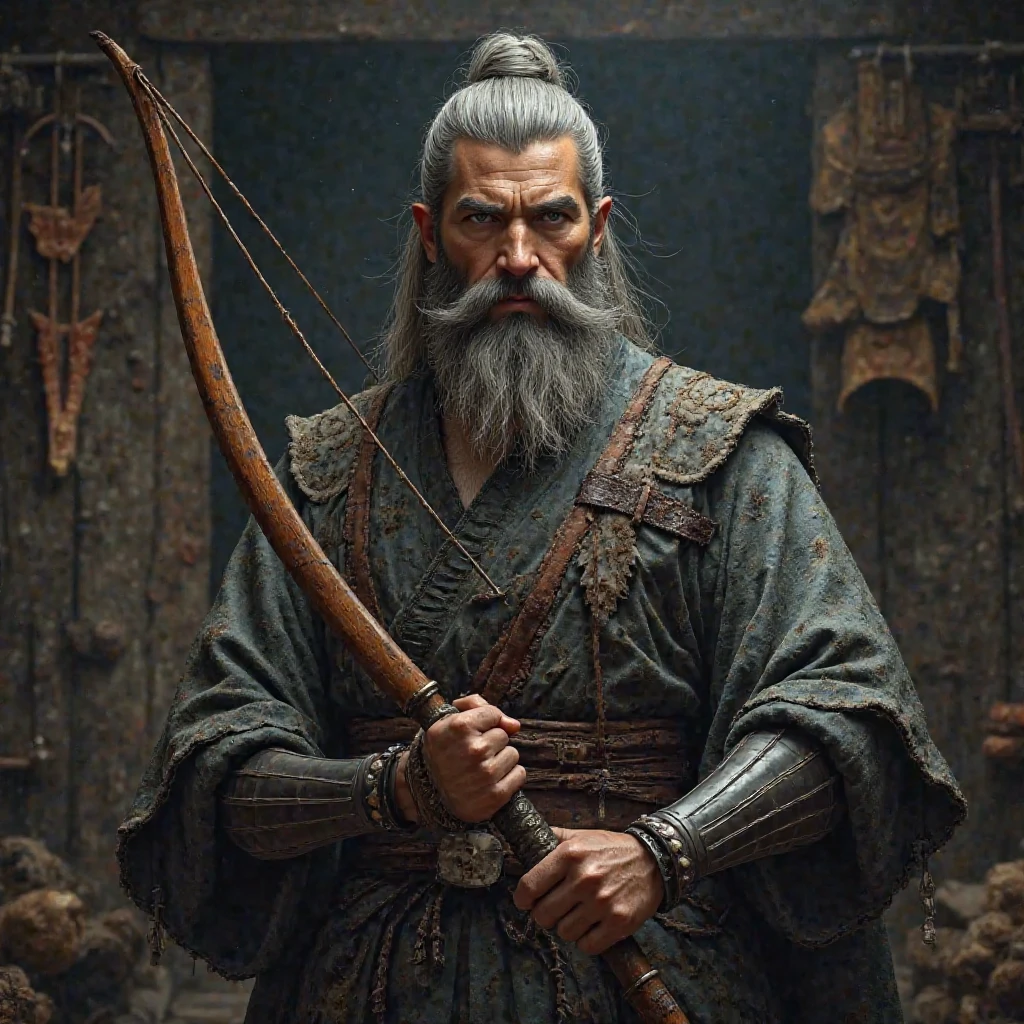  male, Gray Hair, Beard,  youth, samurai, , bow, 　Blacksmith