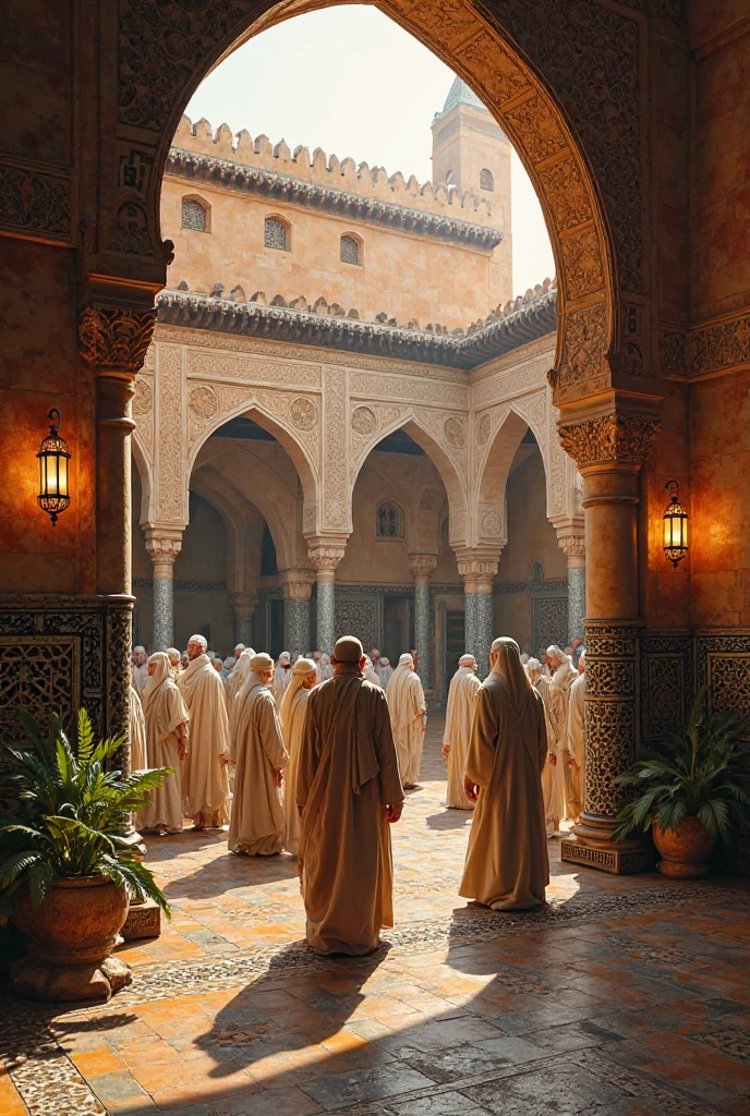 *"A serene courtyard in Fez's ancient Medina, surrounded by intricately designed mosaic walls and towering arches. A scholarly assembly of sages in flowing traditional robes gathers under the soft golden light of lanterns. The air is rich with the aroma of oud and rose water, as whispers of profound wisdom fill the space, blending with the distant sound of a mosque's call to prayer. The atmosphere exudes a timeless harmony of intellect, spirituality, and Moroccan tradition."*