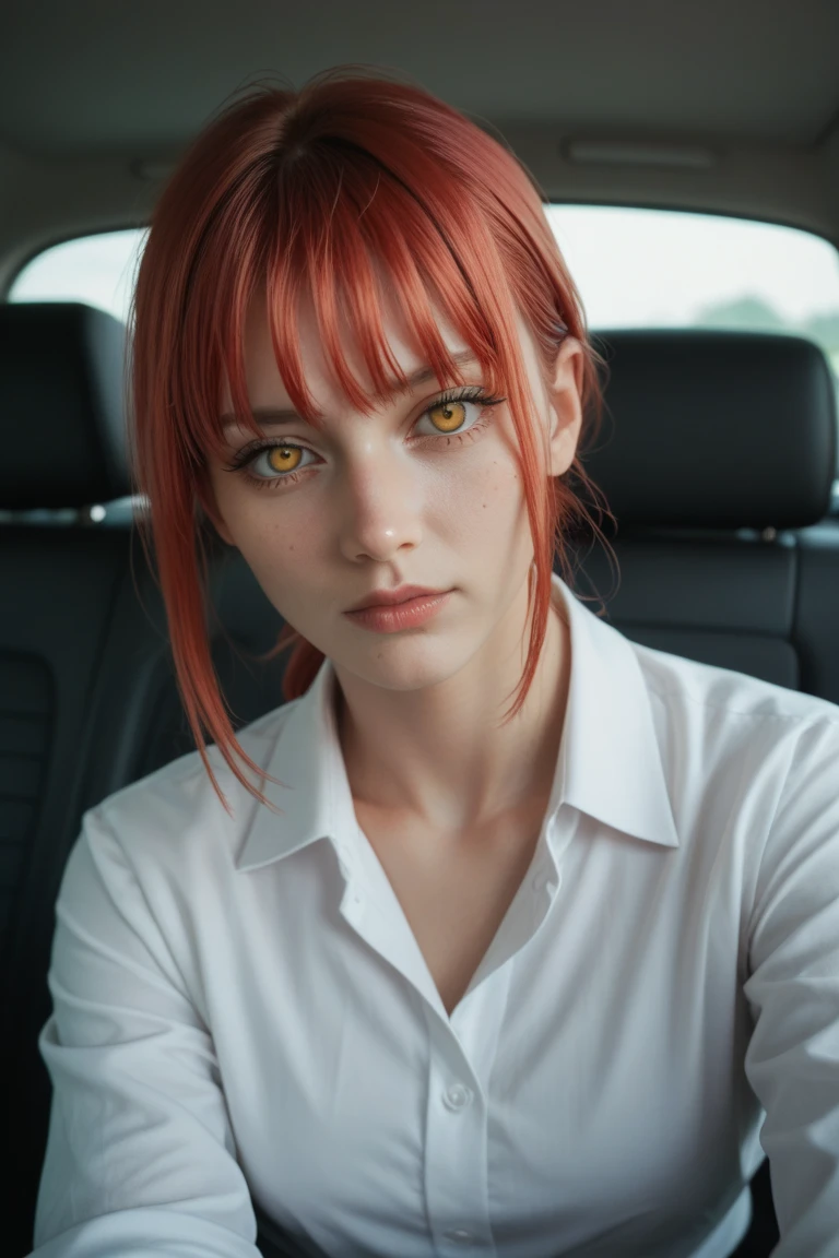 master part, best quality, portraite, (standing alone), Makima \ (chain saw man \), (20 year, mature face, fresh and beautiful), Standing, (redhead), (bright glowing eyes: 1.4), (gold eyes: 1.3), bangss, medium, white shirt, tie, gazing, (disgust, sorrido), (Evil: 1.2), gazing para o espectador, (narrowed eyes), High definition, (gazing para o espectador: 1.15), darkness background, background blur,