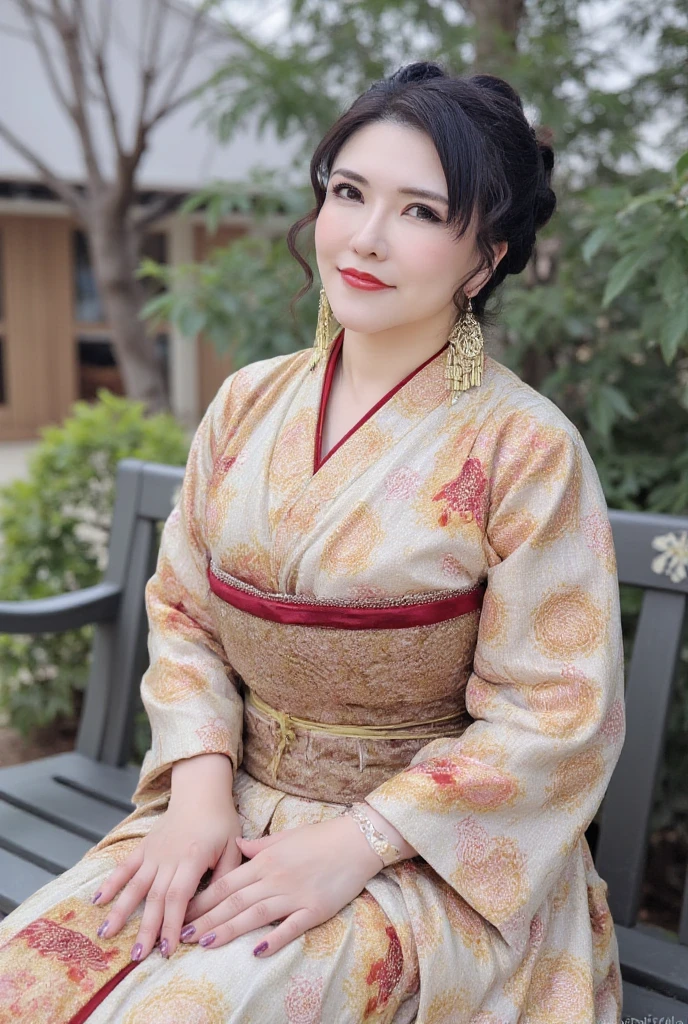 A close up of a woman in a kimono sitting on a bench, in kimono - SeaArt AI