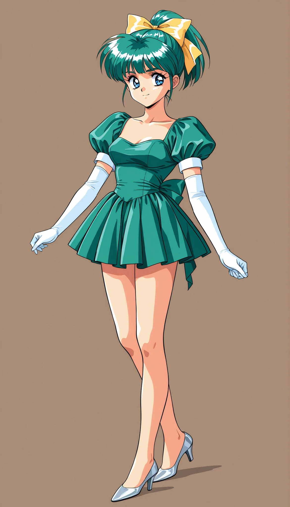1 girl, solo, green hair, short hair, ponytail, Blue pupil, blue eyes,yellow bow, hair bow, bungs,1990s(style)、角井綾style、全身style、medium bust,Bare legs,In a dress,green dress, mini pleated dress,puff sleeve elbow gloves , white gloves,Silver Heel Pumps,standing facing the front,