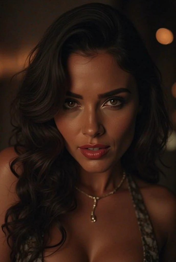 1girl, solo, jewelry, breasts, necklace, cleavage, realistic, black hair, dark braun eyes, looking at viewer, lips, no makeup, long hair, upper body, black hair,slate atmosphere, cinematic, dimmed colors, dark shot, muted colors, film grainy, lut, insane details, intricate details, seductive, looking behind, large breast (highly detailed face:1.4) (smile:0.7) (background inside dark, moody, private study:1.OV, by lee jeffries, nikon d850, film stock photograph ,4 kodak portra 400 ,camera f1.6 lens ,rich colors ,hyper realistic ,lifelike texture, dramatic lighting , cinestill 800,