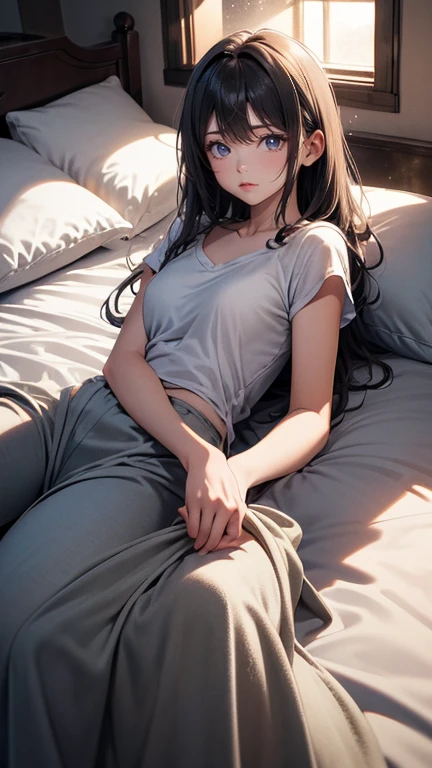 (best quality,4k,high resolution), 18yo mulher, Destaques vermelhos no cabelo preto, cabelos longos, Cabelos lisos, Mulher legal, olhos frios,rosto sonolento , intrinsecamente desenhado, retrato realista,, own room,em uma casa,Relaxe no seu quarto,Oversized,letra T-shirt,Sistema de fraqueza,Large stuffed animal,tamanho grande,quarto bonito,nas camas , ,