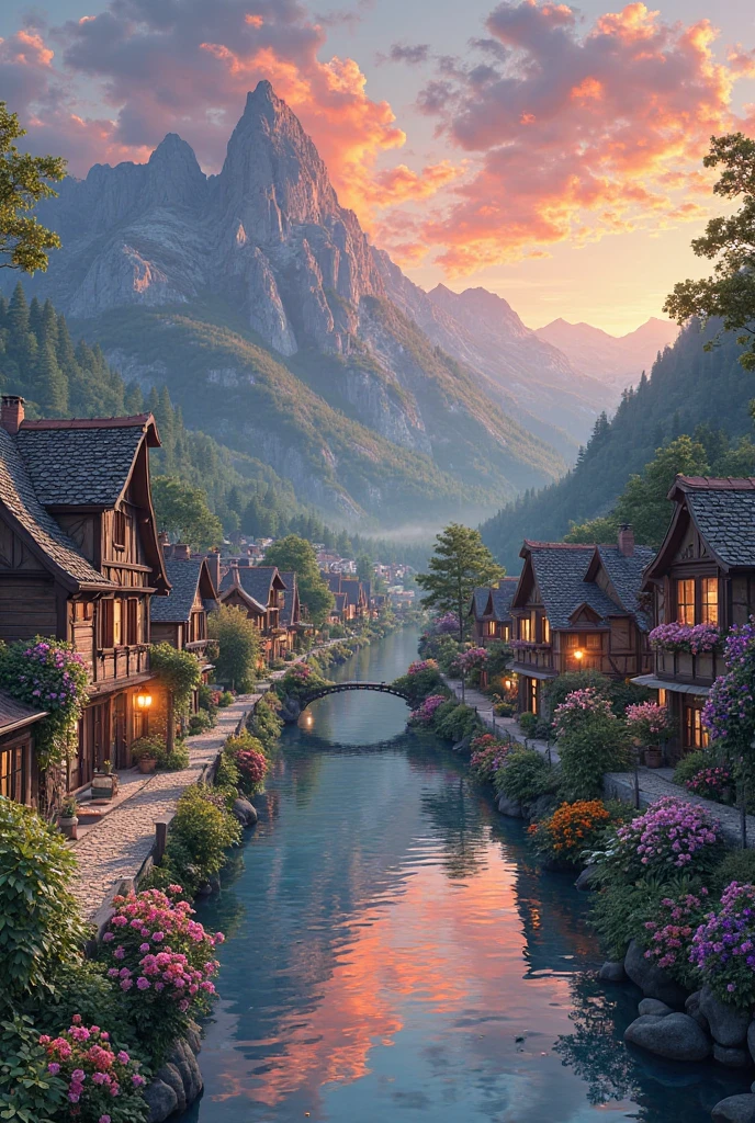 A small village by the river, color of the mountain in the background, colorful flower flowers, detailed landscape, beautiful natural scenery, atmospheric lighting, scorching sunset, warm colors, Practical, фотоPractical, detailed foliage, complex buildings, paved street, charming country house, swirl bright colors, lush vegetation, reflections on water, picturesque, idyllic, artwork, the best quality, 8k, very detailed, anime styling