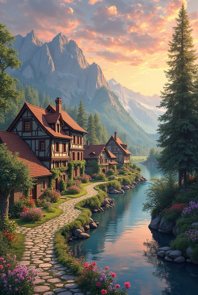 a small village by the river, mountains in the background, floral flowers colorful, detailed landscape, Beautiful natural landscapes, atmospheric lighting, scorching sunset, warm colours, practical, photopractical, Detailed Foliage, complex buildings, cobblestone street, Charming country house, swirly vibrant colors, lush vegetation, Still water reflections, Picturesque, idyllic, work of art, best qualityer, 8k, extremely detaild,anime styling