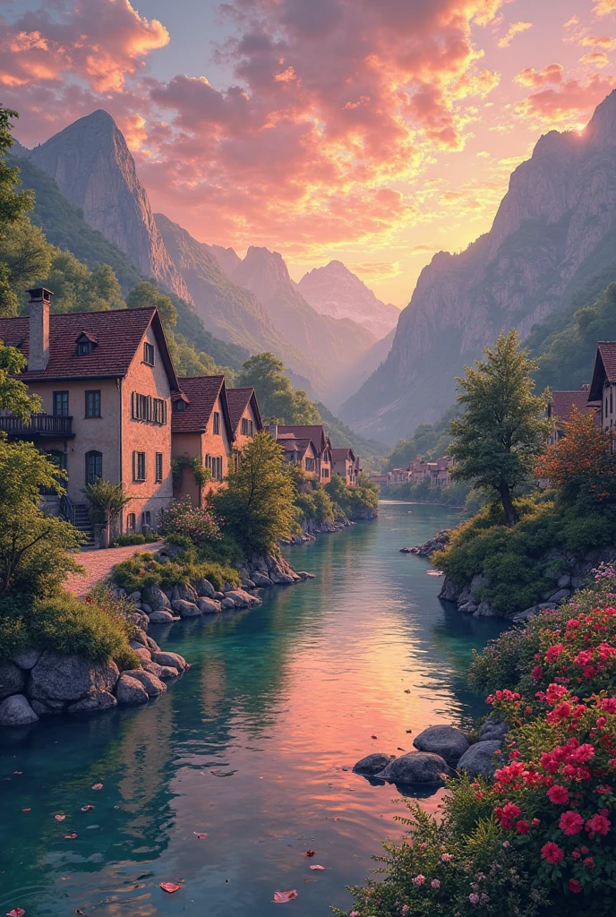 a small village by the river, mountains in the background, floral flowers colorful, detailed landscape, Beautiful natural landscapes, atmospheric lighting, scorching sunset, warm colours, practical, photopractical, Detailed Foliage, complex buildings, cobblestone street, Charming country house, swirly vibrant colors, lush vegetation, Still water reflections, Picturesque, idyllic, work of art, best qualityer, 8k, extremely detaild,anime styling