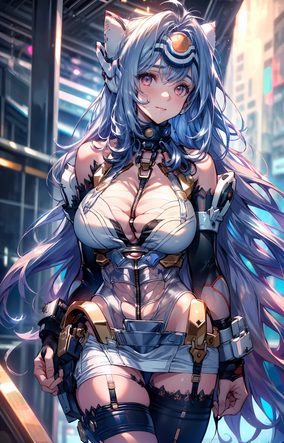 Highest quality、Highest quality、Masterpiece、girl((half、18-year-old、as soon as、Highest Bust、Medium Bust、Wide open chest、Red glowing eyes、Black Ear、Red Mesh、Disheveled Hair、Loincloth、thin、The best valley、Open chest、hair ornaments、Full body view、pants、Sports Bra、Random Pause、smile、headphone))、high quality、Beautiful Art、background((Collapsing Ground、no gravity、Floating Object、City of night))、flight、Flying Debris、Depth of text、movie、Visual Arts、Perfect Art、8K、Genuine、Special Angles