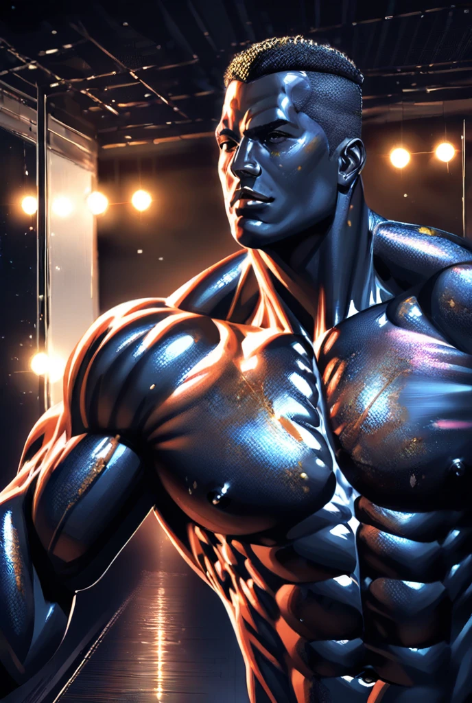 "Dwayne Johnson as Zhasam, He is naked and strikes a charismatic pose under the reflected red and blue lights...... Captured with maximum realism Dwayne Juhnson and his penis is big,He is naked"