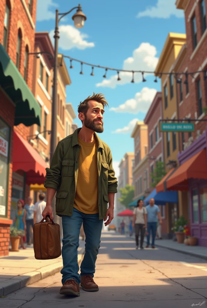 An unemployed man walks crestfallen down a busy street. He walks past a bakery window where a sign reads “Help wanted”. Ele sorri, Look up and whisper:  “Thank you , God”.
Disney/Pixar-style art