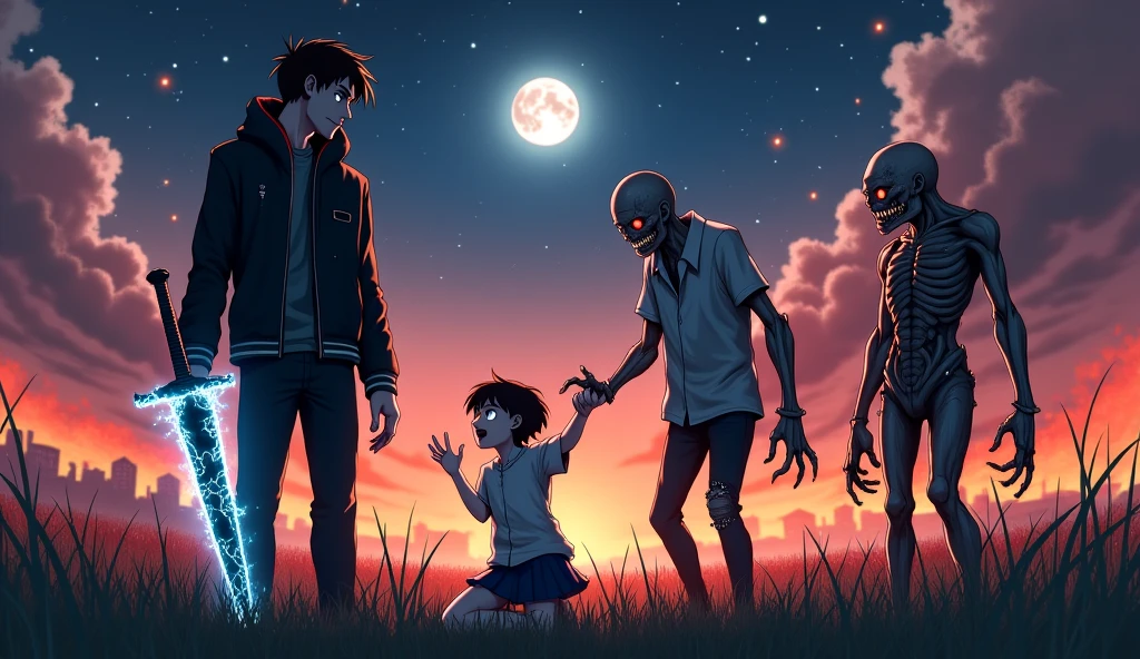 An intense anime-style scene in an apocalyptic field at dusk. Three zombies on the right, drawn with exaggerated anime details: one large and bulky, missing an arm, the second emaciated with sharp teeth, and the third with elongated claws. Their glowing red eyes show rage, and their decaying bodies are drawn with dramatic, sharp lines.

In the center, a girl kneels, her eyes wide and filled with desperation. Her clothes are torn and stained, with motion lines highlighting her urgency. She reaches out to the protagonist, who stands confidently on the left. His posture is strong, with a glowing, jagged sword in hand. The sword emits a crackling blue energy, and its long, dark blade is detailed with glowing cracks. He wears a black jacket with red and silver accents, and his intense blue eyes glow with determination, contrasting with the girl's fear.

The background features a vast, open field with tall grass. To the right, a city burns in dramatic orange flames, and to the left, a full moon shines brightly over a starry sky. The scene is filled with sharp contrasts and exaggerated lighting typical of anime