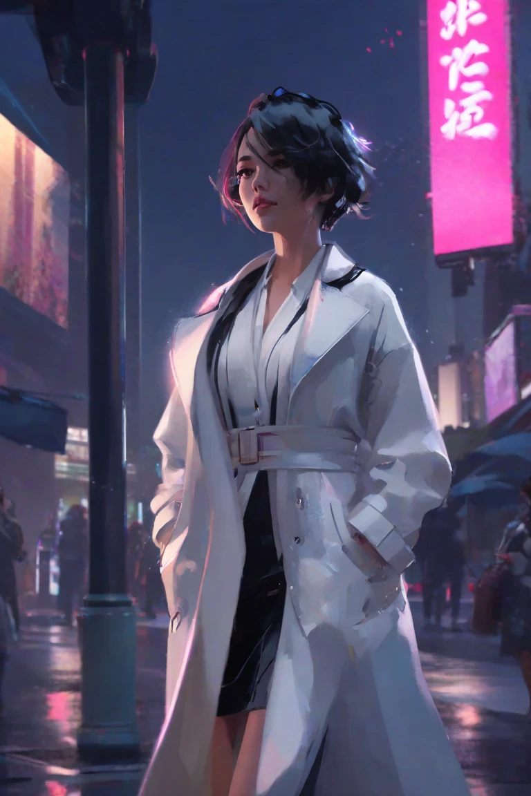 woman in a white coat and black skirt holding a purse, artwork in the style of guweiz, beautiful and cinematic lighting, makoto shinkai ( apex legends ), elegant cinematic pose, ross tran 8 k, makoto shinkai and artgerm, anime. soft lighting, ross tran style, wlop and krenz cushart