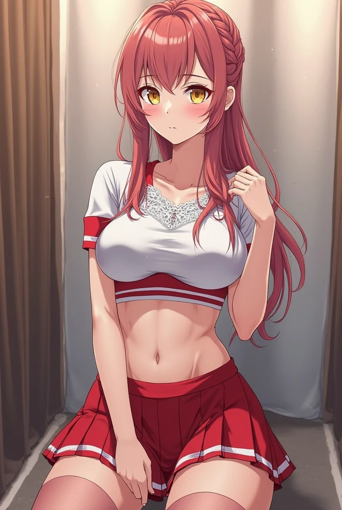 (masterpiece), best quality, perfect face, sakurauchi riko, big breasts,white t-shirt, navel, pink shorts,thighhighs, standing leaning on wall,long hair ,nsfw style