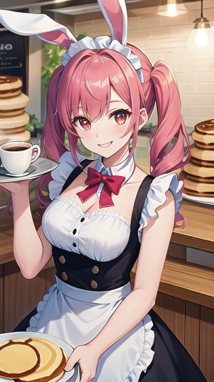 A woman wearing a red 50s waitress uniform with a white stripe, a 50s waitress hat, standing in a very detailed 50s coffee shop, hot pink hair, with silver fringes, gray bangs, multi hair, pink eyes, smiling , big breasts, pigtails.UHD , prime work , accurate , anatomically correct , textured skin , super details , high quality , best quality, 8k, high resolution, bokeh effect. (woman alone)