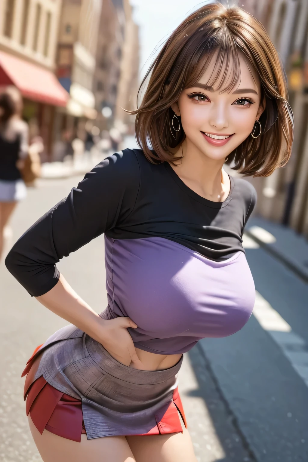 (1. ultimate beauty), very beautiful face, beautiful brown eyes, double eyelids, eyelashes, grin, slightly thick detailed lip, black hair, (light purple blouse), (Red Tight Miniskirt:1.2), (Big Breasts), kind smile, thigh, perfect lighting, (realistic:1.2), (very well detailed), (Best Quality), (best shadows), (masterpiece), Ultra High Definition, (With background: city street)