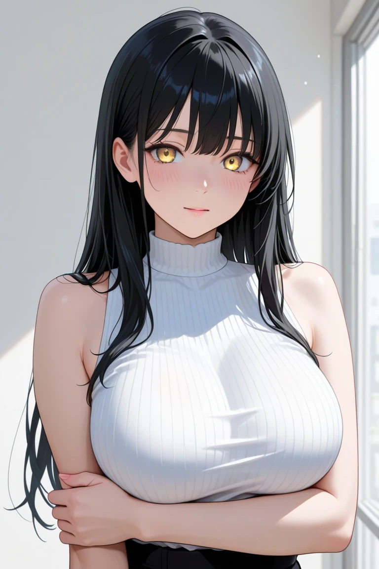 gigantic breasts、One beautiful woman、One ultimate beauty、38 years old、One mature woman、Sharp eyes、((((Daytime))))、Black Hair、Beautiful Hair、 (((absurdly long hair))), look at viewer、jeans、pumps、sleeveless、Outdoor、High-end residential street、glaring, (((Sweaty))), frown, (((((red eyes)))))、(White clothes), from front, crossed arms, standing、Upper Body,　Detailed face、masterpiece、Red cheeks, beautiful detailed eyes, frown