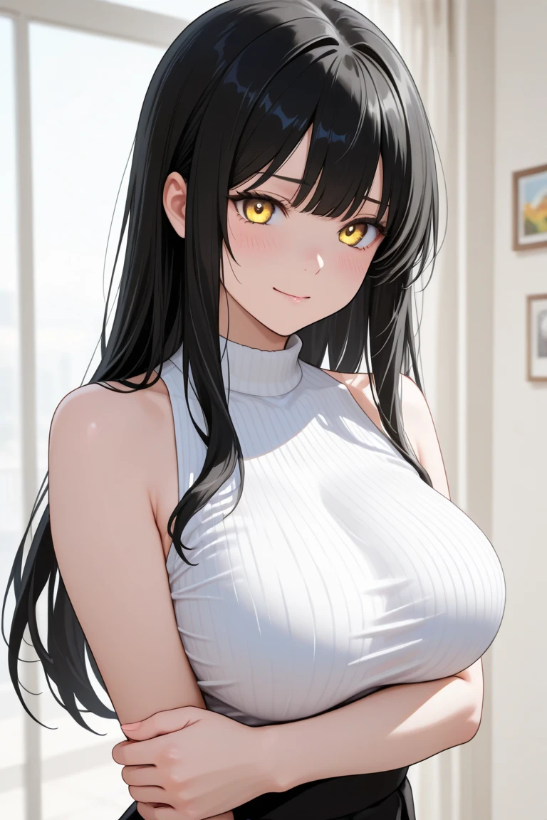 (Best Picture Quality, Masterpiece:1.2), Absurd Absolute Resolution, High Quality, One Woman, BREAK, (Black with Red Longhair:1.1), Brown Eyes, Normal Size Bust, BREAK, One Woman, Bust, Solo, Cleavage, Gaze, Normal Size Bust, Smile, Crop Top, Piercing, Parted Lips, Middle Line gemstone, lips, navel, tank top, white tank top, bare shoulders, sit, bangs, lean forward, collarbone
