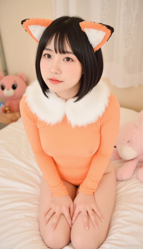 Highest quality,High resolution,１People Girl,whole body,fine,smile,looking at the camera,Bedroom,Dazzling lighting,short hair,Red hair,Blue eyes,White Sailor Leotard,beautiful girl,Cat ears on the head,Cat tail on waist,smile,be happy,