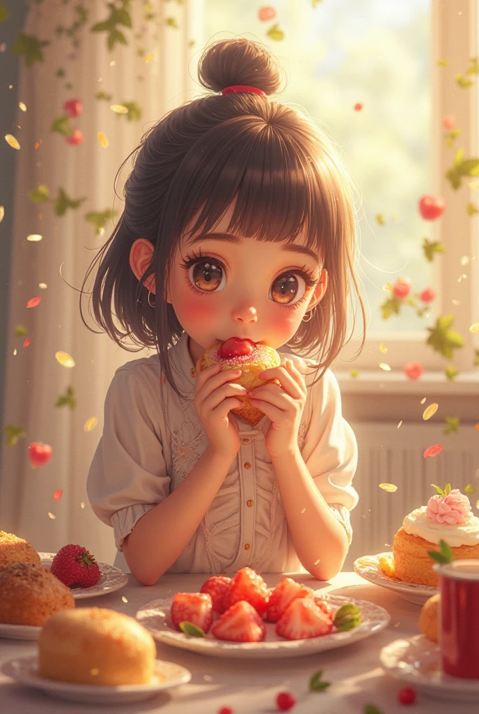 cute00d, looking at the audience, simple background, food, spark, fruit, Cat, pink background, cake, strawberry, cherry, food focus, blueberry