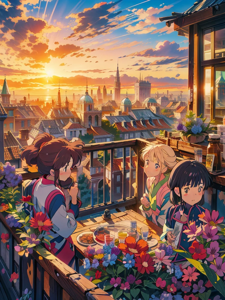  Paintings depicting a sunset over the city, Flower Sunset, hd anime cityscape, anime scenery, anime landscape, beautiful anime scenery, anime background art, anime scenery concept art, beautiful anime art, Thomas Kinkade,  staring at the sunset. anime, beautiful anime artwork,  herd of cows on the background,  Beautiful Terrace , anime style cityscape, anime beautiful peace scene, people