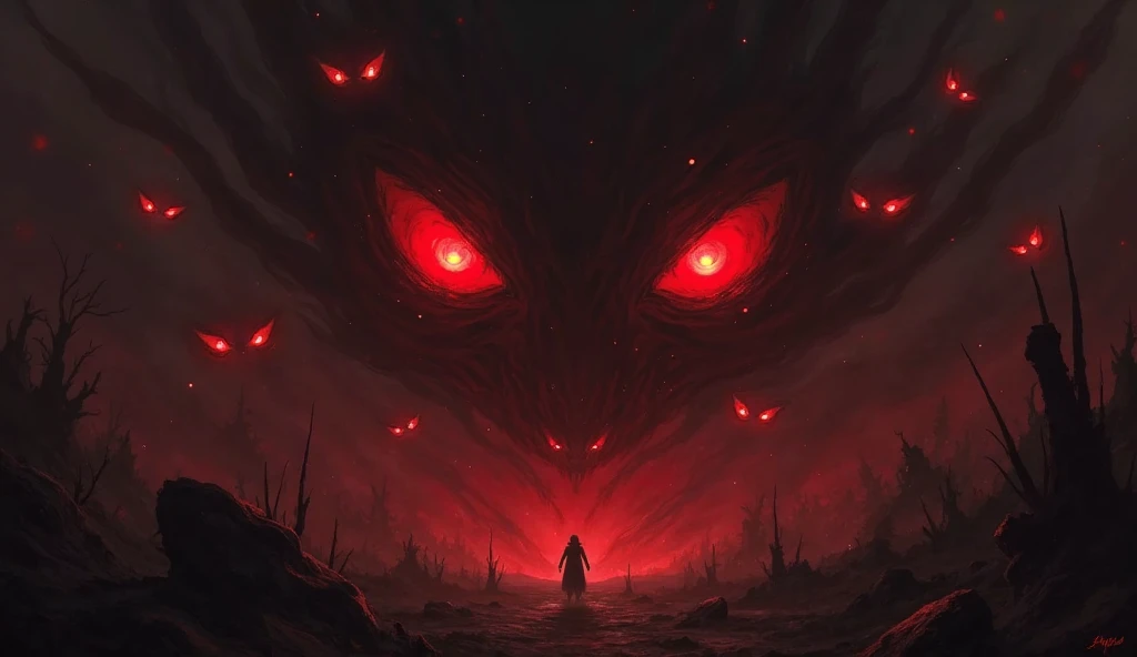 A beautiful fantasy valley, RPG, consumed in evil shadows, in the shadows two sinister red eyes, book cover