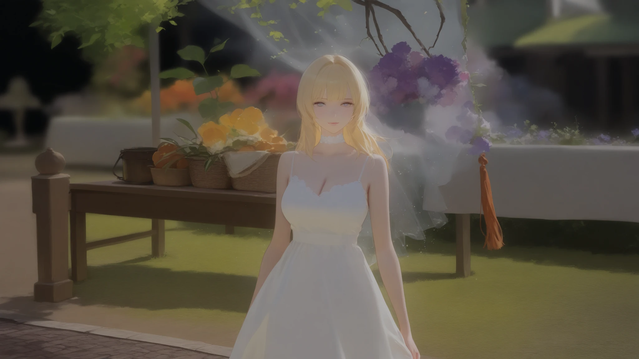 Blond woman with bangs is wearing a white dress.