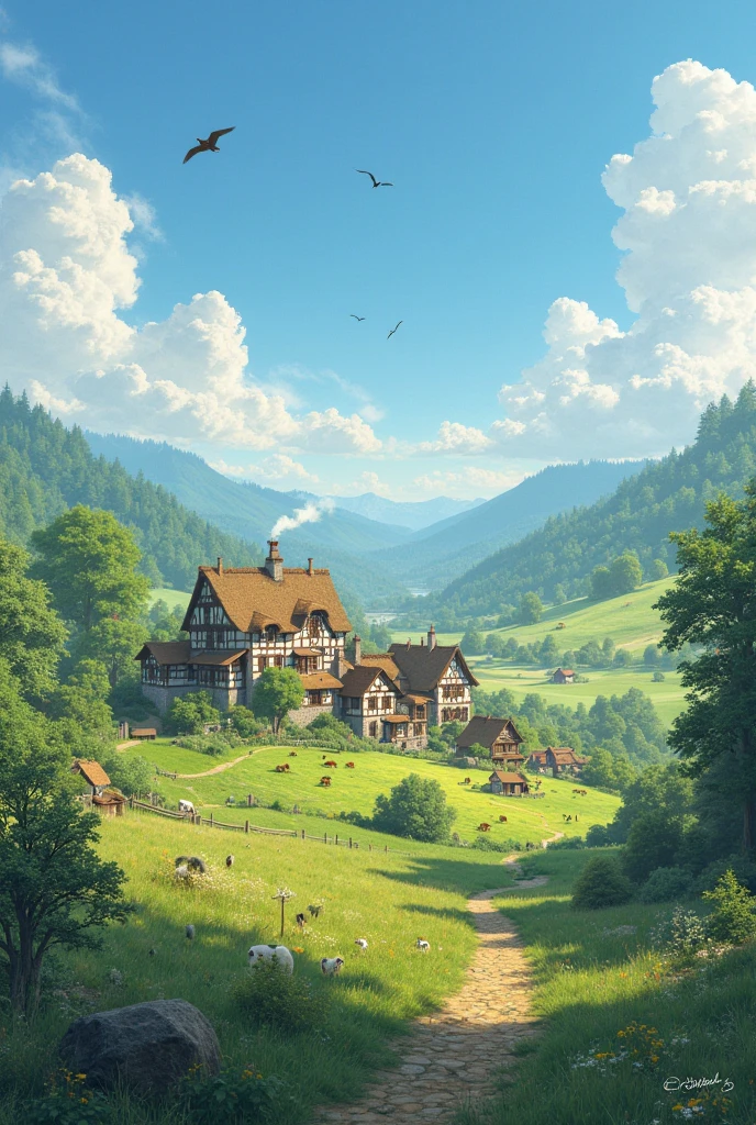 (A picture of the village with green fields, trees and birds singing in the sky)

