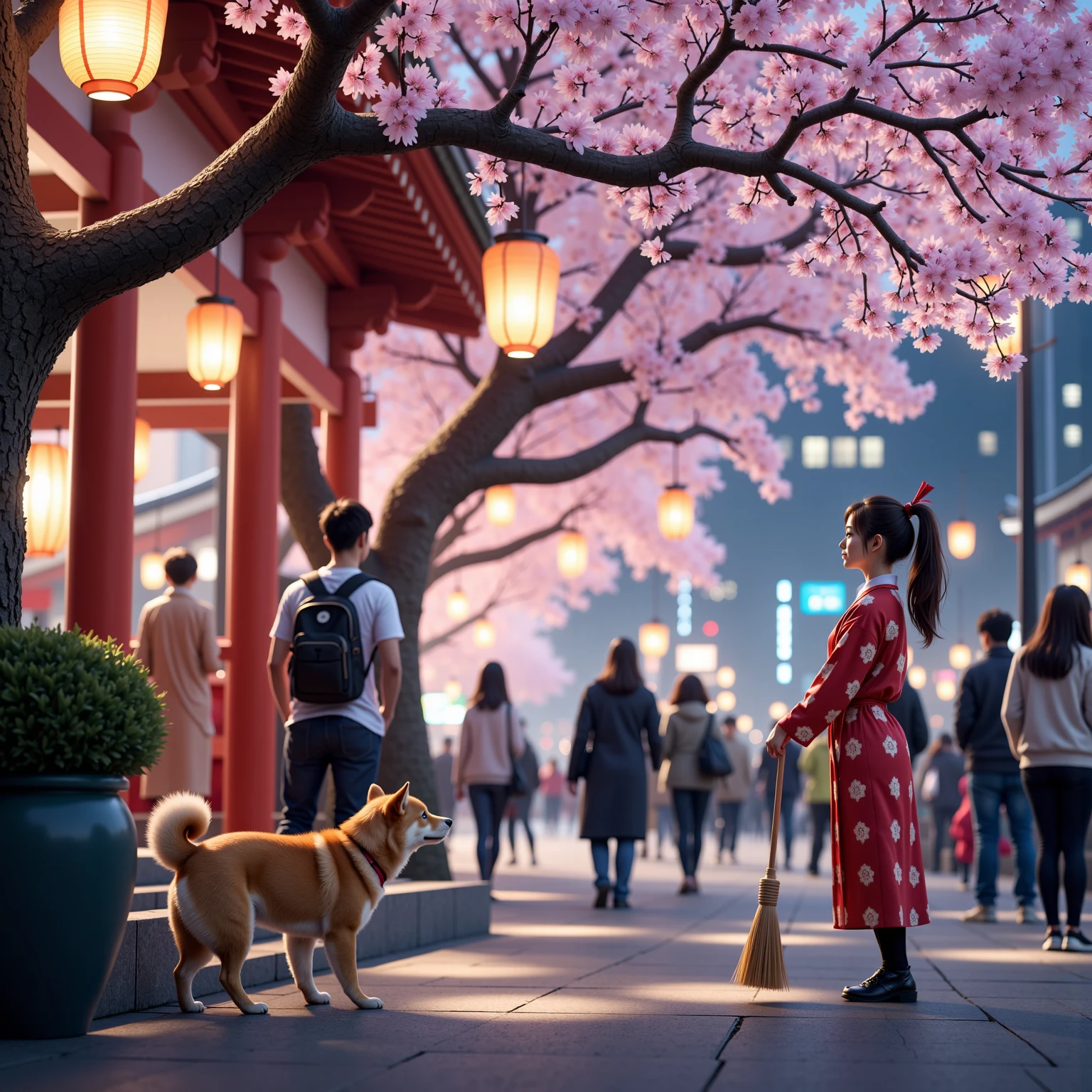 score_9 , score_8_up , score_7_up , score_6_up , score_5_up , score_4_up , source_realistic_pictures , Ultra-realistic , Photorealistic , Ultra-realistic , Photorealistic , Dramatic Scene , Global Illumination , At a Japanese shrine where the cherry blossoms are in full bloom, a huge black small Shiba dog wearing a shrine maiden's outfit looks up at the many cherry blossoms planted in the shrine while working part-time as a cleaner. It holds a bamboo broom in its front paws. black small Shiba dog can walk on two legs like humans and live like humans. / A cute 28-year-old Japanese woman with a ponytail is also wearing the same shrine maiden outfit as black small Shiba dog, and is enjoying cherry blossom viewing while looking at the cherry blossoms facing the same direction as black small Shiba dog. At a shrine where cherry blossoms are blooming at night, lanterns are hung from the cherry trees in full bloom, and the cherry trees are brightly lit up here and there. A night cherry blossom festival is being held at a Japanese shrine rich in nature. There are people taking part in festivals, people enjoying cherry blossom viewing, tourists admiring the cherry blossoms, and in the distance you can see cityscapes lined with lit windows.