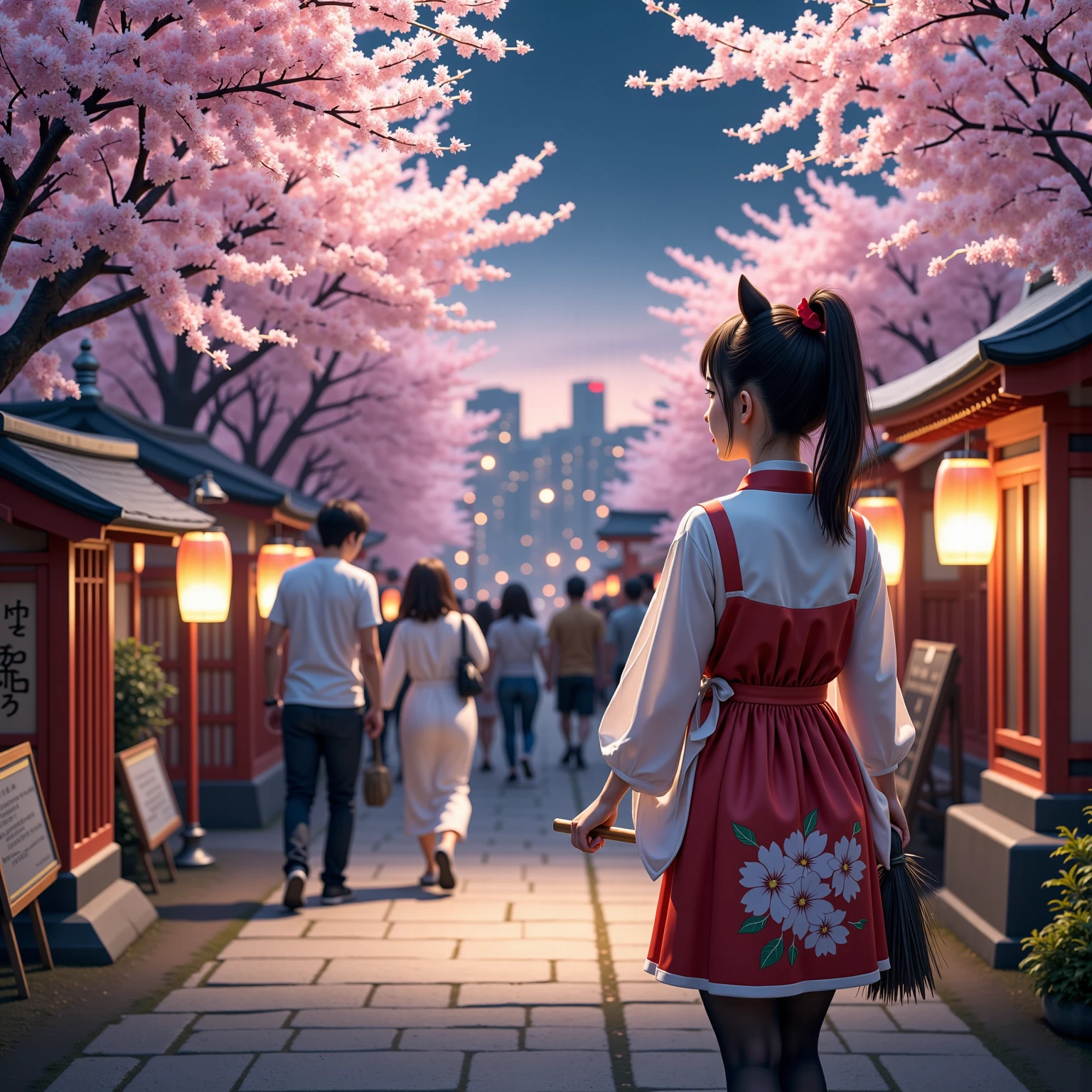 score_9 , score_8_up , score_7_up , score_6_up , score_5_up , score_4_up , source_realistic_pictures , Ultra-realistic , Photorealistic , Ultra-realistic , Photorealistic , Dramatic Scene , Global Illumination , At a Japanese shrine where the cherry blossoms are in full bloom, a huge black small Shiba dog wearing a shrine maiden's outfit looks up at the many cherry blossoms planted in the shrine while working part-time as a cleaner. It holds a bamboo broom in its front paws. black small Shiba dog can walk on two legs like humans and live like humans. / A cute 28-year-old Japanese woman with a ponytail is also wearing the same shrine maiden outfit as black small Shiba dog, and is enjoying cherry blossom viewing while looking at the cherry blossoms facing the same direction as black small Shiba dog. At a shrine where cherry blossoms are blooming at night, lanterns are hung from the cherry trees in full bloom, and the cherry trees are brightly lit up here and there. A night cherry blossom festival is being held at a Japanese shrine rich in nature. There are people taking part in festivals, people enjoying cherry blossom viewing, tourists admiring the cherry blossoms, and in the distance you can see cityscapes lined with lit windows.