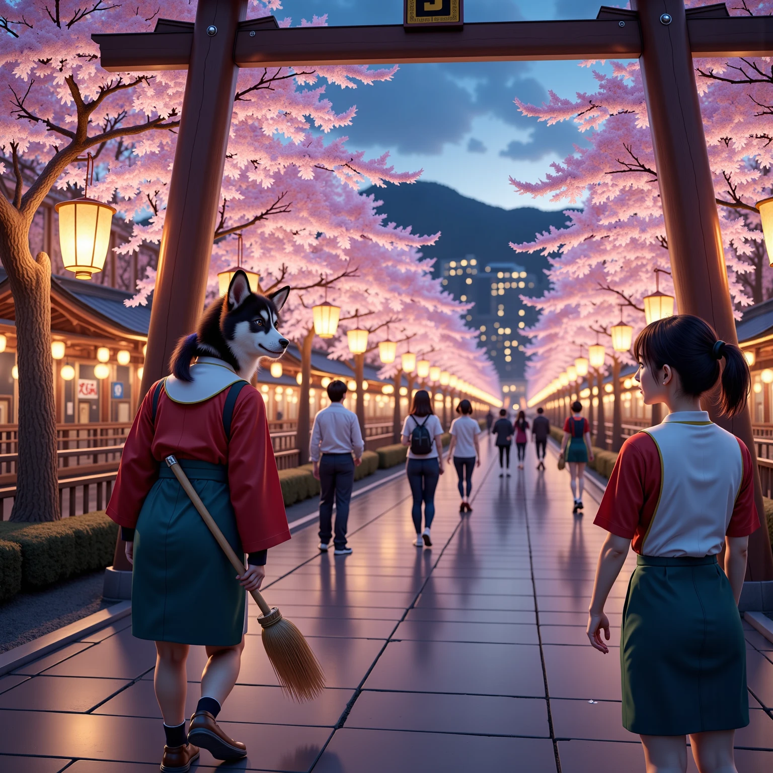 score_9 , score_8_up , score_7_up , score_6_up , score_5_up , score_4_up , source_realistic_pictures , Ultra-realistic , Photorealistic , Ultra-realistic , Photorealistic , Dramatic Scene , Global Illumination , At a Japanese shrine where the cherry blossoms are in full bloom, a huge black small Shiba dog wearing a shrine maiden's outfit looks up at the many cherry blossoms planted in the shrine while working part-time as a cleaner. It holds a bamboo broom in its front paws. black small Shiba dog can walk on two legs like humans and live like humans. / A cute 28-year-old Japanese woman with a ponytail is also wearing the same shrine maiden outfit as black small Shiba dog, and is enjoying cherry blossom viewing while looking at the cherry blossoms facing the same direction as black small Shiba dog. At a shrine where cherry blossoms are blooming at night, lanterns are hung from the cherry trees in full bloom, and the cherry trees are brightly lit up here and there. A night cherry blossom festival is being held at a Japanese shrine rich in nature. There are people taking part in festivals, people enjoying cherry blossom viewing, tourists admiring the cherry blossoms, and in the distance you can see cityscapes lined with lit windows.