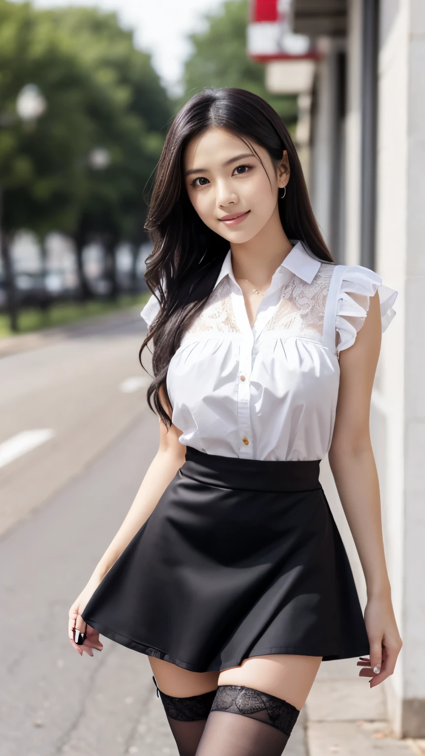 ((Best Quality, 8k, Master Masterpiece: 1.3)), 1 Girl, Sorissos, 7-point body, slim face, Beautiful woman, (dark brown hair), Casual top :1.1, White clothes, Short skirt, black stockings, Simple headdress, Super detailed face, Detailed eyes, Double eyelids, fat, blurred background, garden, inner room, bedroom,