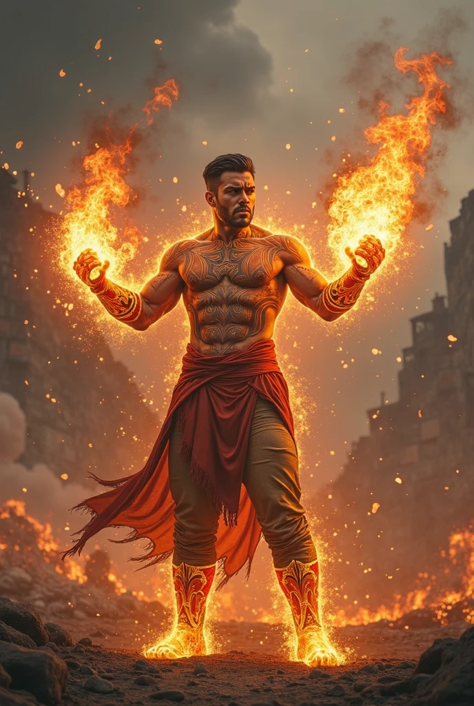1man, shirtless, martial arts, yellow durag mask, white eye patterns with black outline, beard shades , muscular, green costume, yellow belt and boots, burning fists, black dragon tatto shapes into a circle, mystical city background