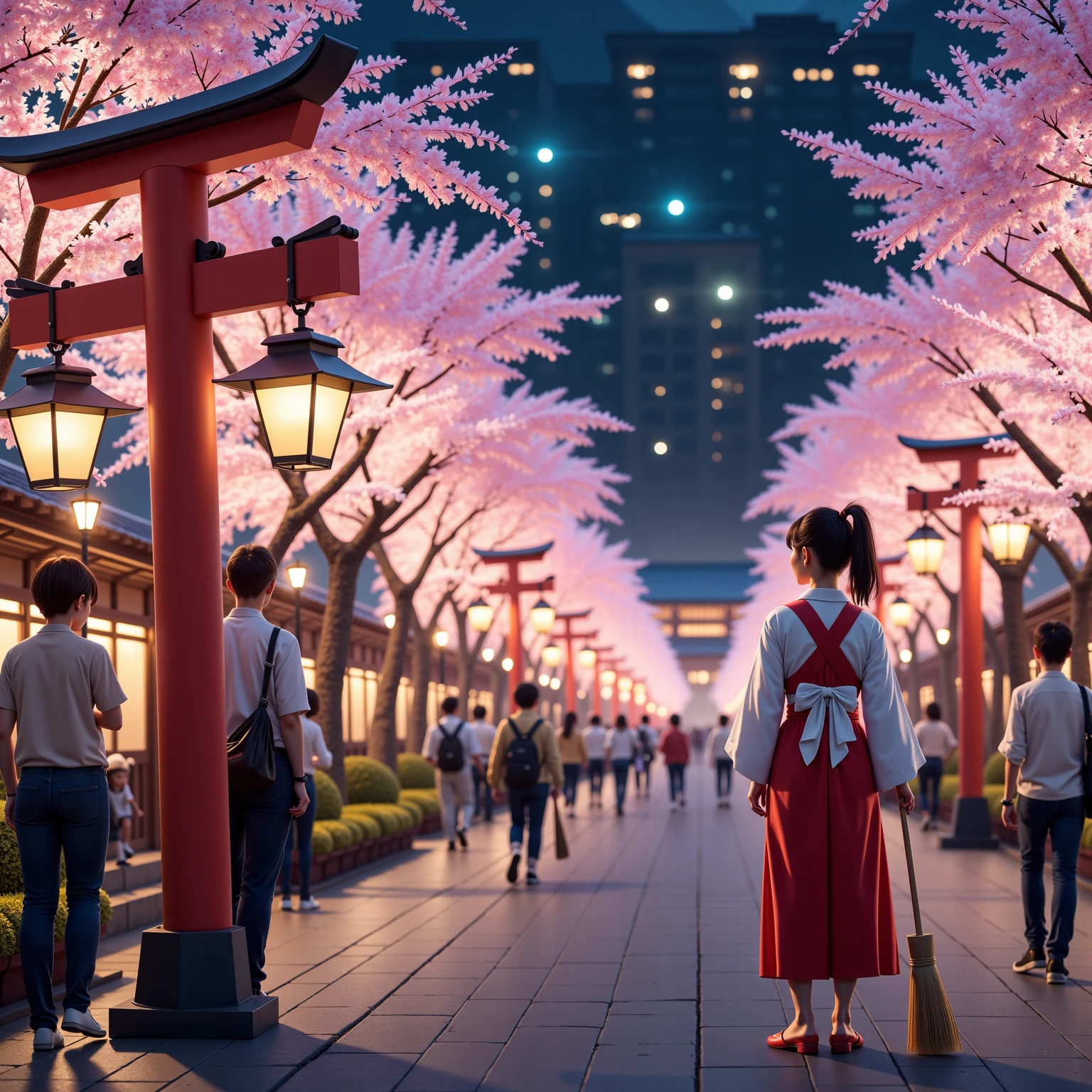 score_9 , score_8_up , score_7_up , score_6_up , score_5_up , score_4_up , source_realistic_pictures , Ultra-realistic , Photorealistic , Ultra-realistic , Photorealistic , Dramatic Scene , Global Illumination , At a Japanese shrine where the cherry blossoms are in full bloom, a huge black bean-shiba-inu-faced man dressed in a shrine maiden outfit looks up at the many cherry blossoms planted in the shrine while working part-time as a cleaner. He holds a bamboo broom in his front paws. The black bean-shiba-inu-faced man can walk on his hind legs like a human and lives like a human. / A cute 28-year-old Japanese woman with a ponytail is also wearing the same shrine maiden outfit as the black bean-shiba-inu-faced man, and is enjoying cherry blossom viewing while looking at the cherry blossoms while facing the same direction as the black bean-shiba-inu-faced man. At a shrine where the cherry blossoms are in bloom at night, paper lanterns are hung from the cherry trees in full bloom, and the cherry trees are brightly lit up here and there. A night cherry blossom festival is being held at a Japanese shrine surrounded by nature. People are taking part in the festival, people enjoying cherry blossom viewing, tourists admiring the cherry blossoms, and in the distance you can see a streetscape lined with lit windows.