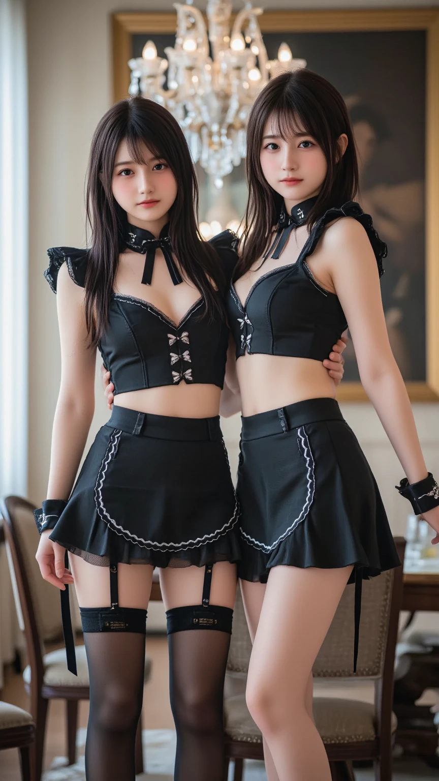 two 18 year old tween girls trying on cute clothes, two close friends, K-pop idol, colored hair, collar, skinny body, detailed face, young asian models, perfect proportions, tattoo, touching each other, straps, innocent, enticing, garter with stockings, glasses, kawai cosplay girls, strapped colored dresses with cutouts and slits, bright playful, thin model, cute young girls, shibari, tied, arms tied, legs tied