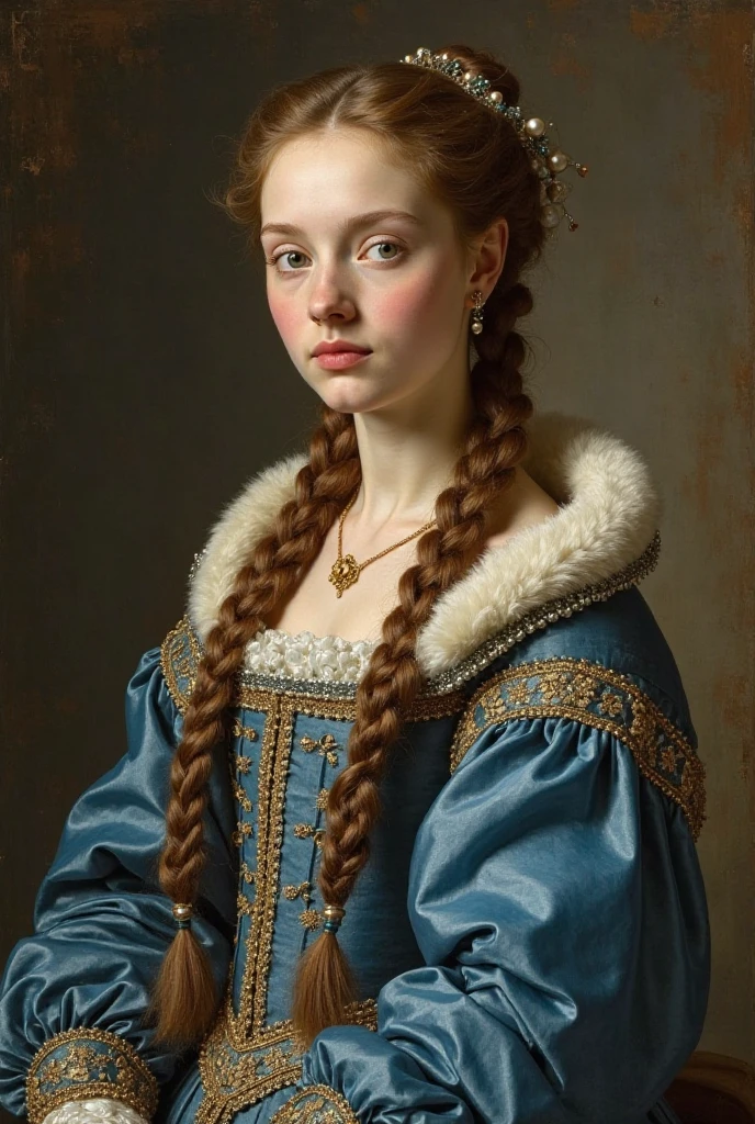 Louise de Valois, a fictional French princess born in 1521, painted in the style of a 16th-century oil portrait by Titian. She has pale skin, grayish-blue eyes, and chestnut brown hair in a braided updo, wearing a celestial blue velvet gown with gold embroidery, puffed sleeves, and a fur-lined mantle. She wears a delicate gold necklace and a pearl-adorned French hood. The background is dark and neutral, with chiaroscuro lighting. Her expression is distant and regal. [Old oil painting texture, aged canvas, visible brush strokes, craquelure, muted tones, baroque lighting, museum portrait, Venetian Renaissance style] [No modern elements, no digital realism, no photography, no smooth skin, no anime style]