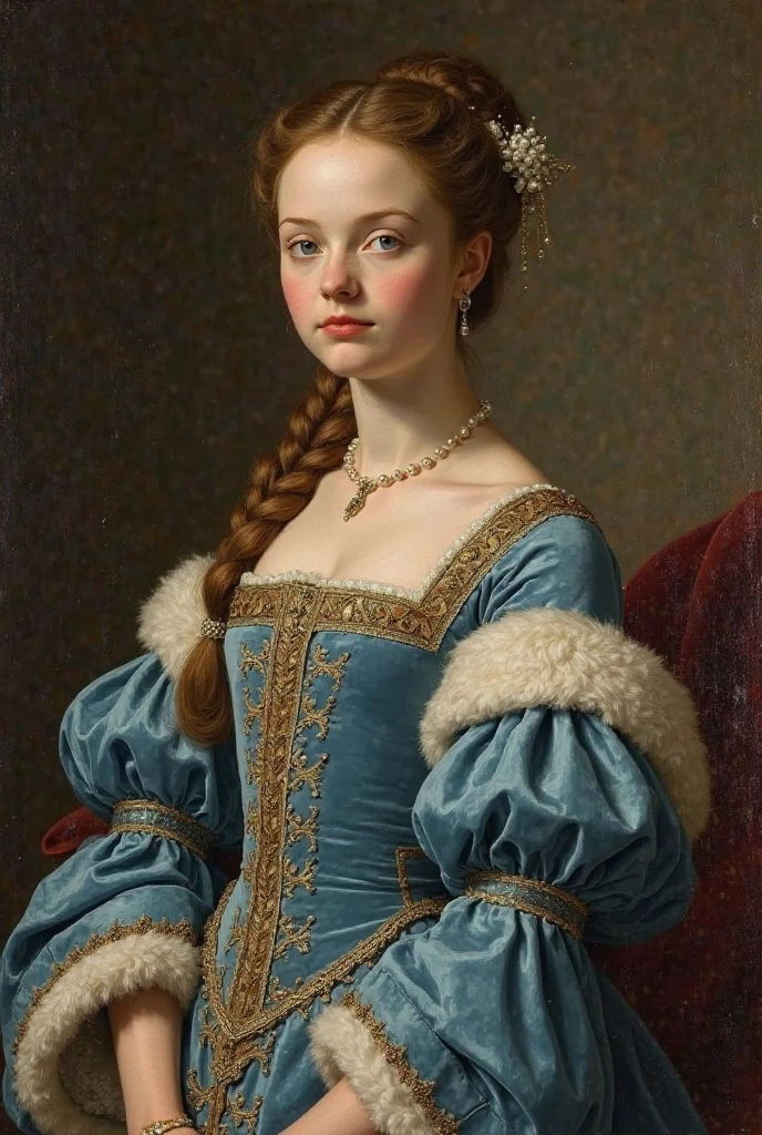 Louise de Valois, a fictional French princess born in 1521, painted in the style of a 16th-century oil portrait by Titian. She has pale skin, grayish-blue eyes, and chestnut brown hair in a braided updo, wearing a celestial blue velvet gown with gold embroidery, puffed sleeves, and a fur-lined mantle. She wears a delicate gold necklace and a pearl-adorned French hood. The background is dark and neutral, with chiaroscuro lighting. Her expression is distant and regal. [Old oil painting texture, aged canvas, visible brush strokes, craquelure, muted tones, baroque lighting, museum portrait, Venetian Renaissance style] [No modern elements, no digital realism, no photography, no smooth skin, no anime style]